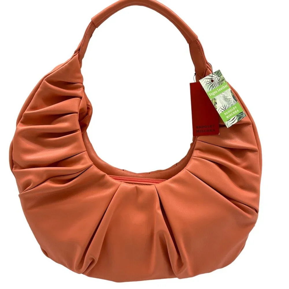Badgley Mischka - Pleats Shoulder Bag - Coral/ Orange Vegan Leather - NWT